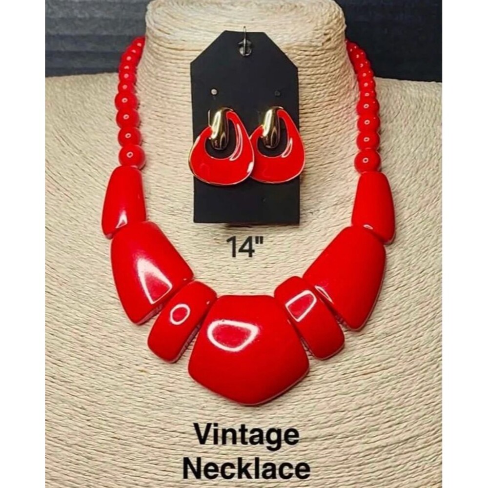 90. Vintage Red Geometric Chunky Statement Necklace & Matching Earrings Set